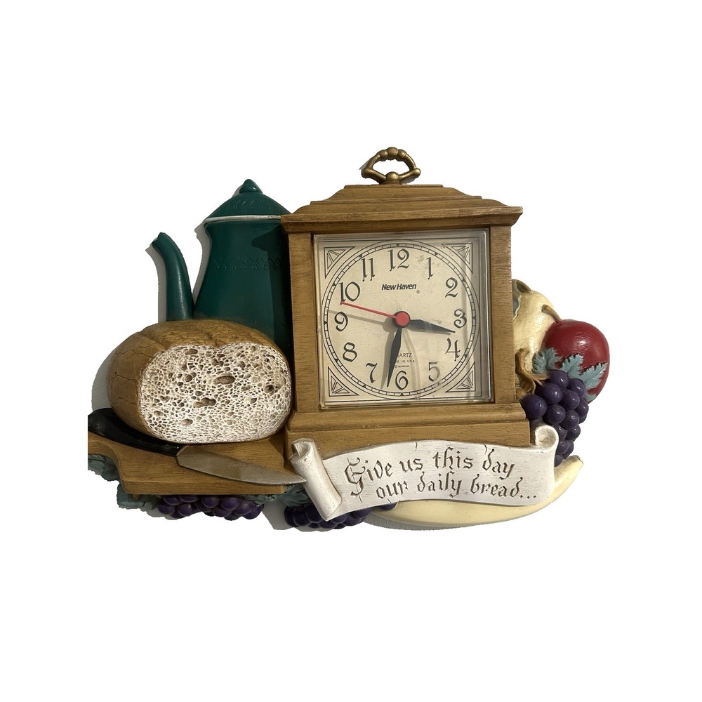 Vintage Kitchen Clock Give Us This Day Bread Plastic Wall Art Food Tea Retro